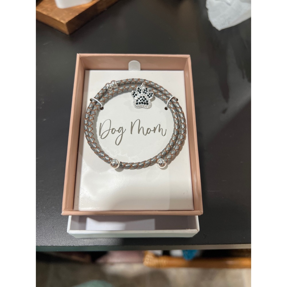 Dog Mom Braided Wrap Bracelet Silver Metallic Paw Print Crystal Charm Gift Box